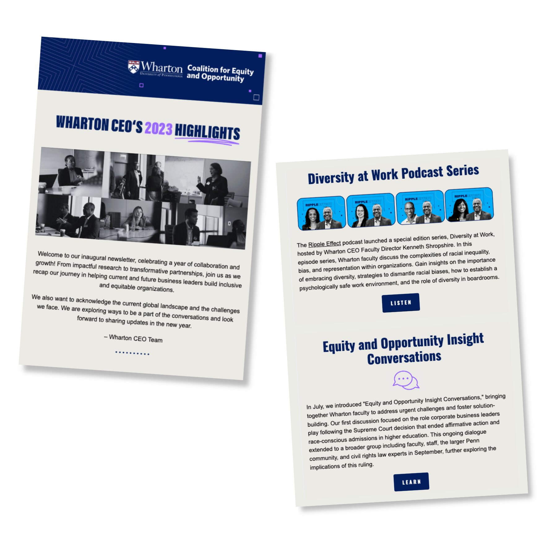 The image shows two newsletter pages from Wharton's Coalition for Equity and Opportunity. The first page highlights the 2023 achievements of the Wharton CEO program, including a focus on equity and inclusion. The second page details podcast series and conversations about diversity