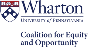 Logo of the Wharton School at the University of Pennsylvania featuring a shield emblem with books and abstract shapes, and text reading "Coalition for Equity and Opportunity."