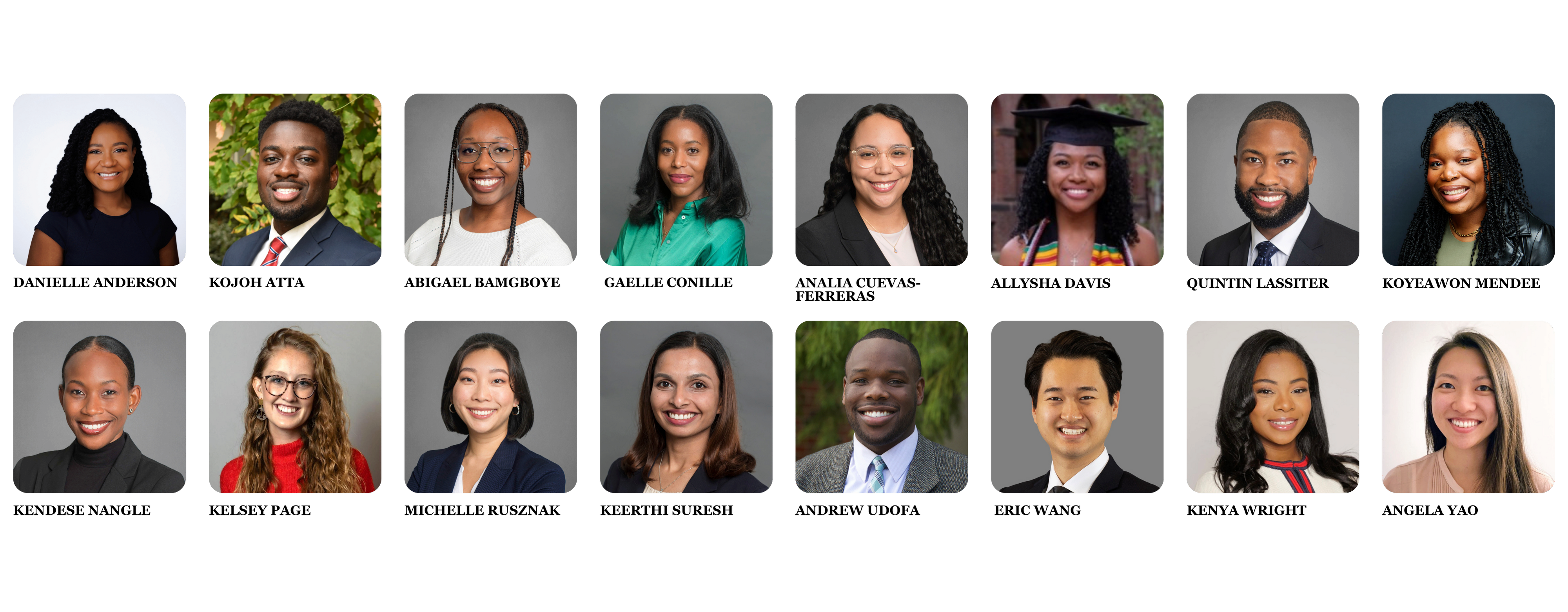 A collage of headshots featuring a diverse group of people, each smiling and dressed in professional or formal attire.