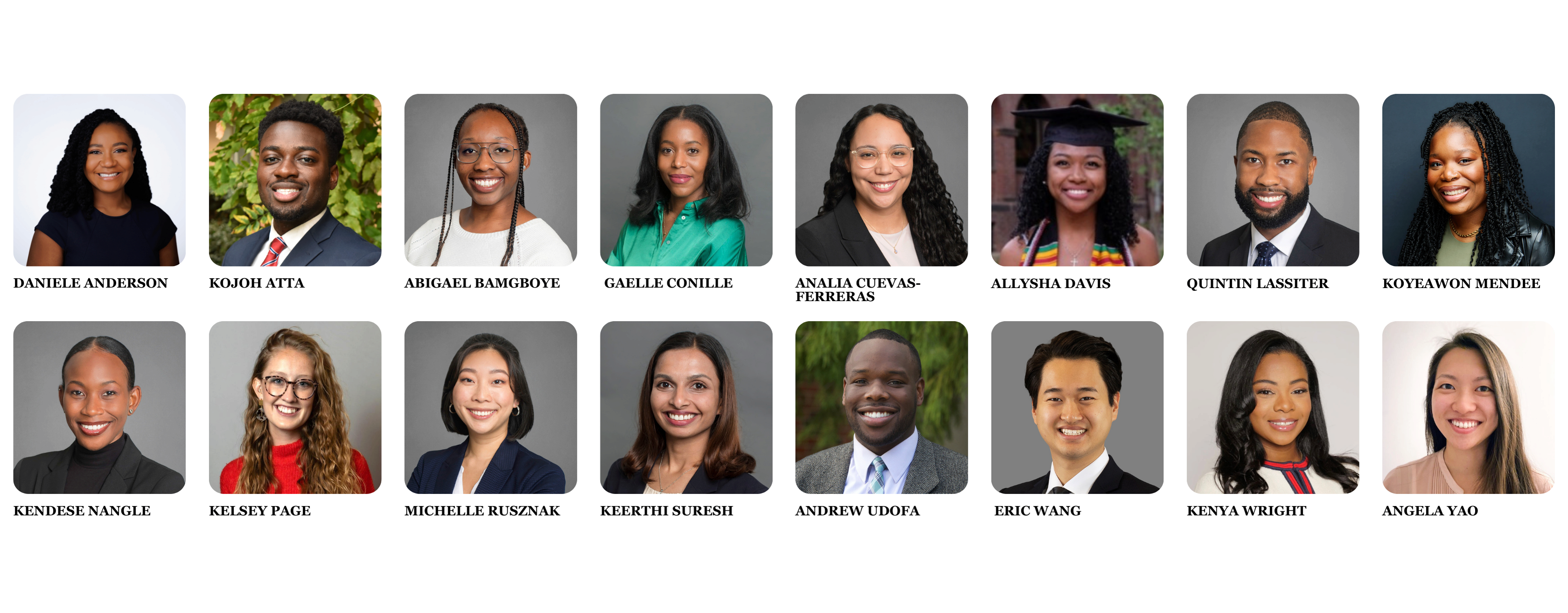 A grid of professional headshots featuring a diverse group of people, each smiling, with their names displayed below their photos.